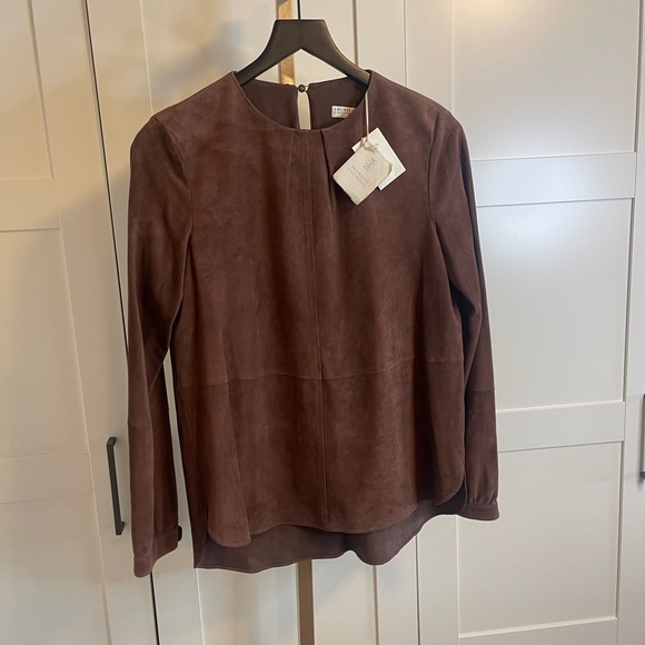 NWT Brunello Cucinelli Rich Brown Italian Leather Suede Shirt Size 40 Women’s - Picture 4 of 13